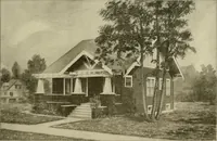 An illustration from Guaranteed building plans with interior views and details : a standard collection of new, original and artistic designs of cottages, bungalows, residences and flats of frame, brick, cement, plaster, concrete blocks, hollow tile, stucco, etc. and farm buildings of all descriptions together with interior and exterior details and interior views arranged and described by William A. Radford. (1915)