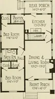 An illustration from Guaranteed building plans with interior views and details : a standard collection of new, original and artistic designs of cottages, bungalows, residences and flats of frame, brick, cement, plaster, concrete blocks, hollow tile, stucco, etc. and farm buildings of all descriptions together with interior and exterior details and interior views arranged and described by William A. Radford. (1915)