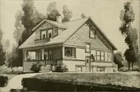 An illustration from Guaranteed building plans with interior views and details : a standard collection of new, original and artistic designs of cottages, bungalows, residences and flats of frame, brick, cement, plaster, concrete blocks, hollow tile, stucco, etc. and farm buildings of all descriptions together with interior and exterior details and interior views arranged and described by William A. Radford. (1915)