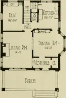 An illustration from Guaranteed building plans with interior views and details : a standard collection of new, original and artistic designs of cottages, bungalows, residences and flats of frame, brick, cement, plaster, concrete blocks, hollow tile, stucco, etc. and farm buildings of all descriptions together with interior and exterior details and interior views arranged and described by William A. Radford. (1915)