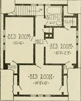 An illustration from Guaranteed building plans with interior views and details : a standard collection of new, original and artistic designs of cottages, bungalows, residences and flats of frame, brick, cement, plaster, concrete blocks, hollow tile, stucco, etc. and farm buildings of all descriptions together with interior and exterior details and interior views arranged and described by William A. Radford. (1915)