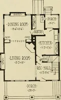 An illustration from Guaranteed building plans with interior views and details : a standard collection of new, original and artistic designs of cottages, bungalows, residences and flats of frame, brick, cement, plaster, concrete blocks, hollow tile, stucco, etc. and farm buildings of all descriptions together with interior and exterior details and interior views arranged and described by William A. Radford. (1915)