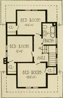 An illustration from Guaranteed building plans with interior views and details : a standard collection of new, original and artistic designs of cottages, bungalows, residences and flats of frame, brick, cement, plaster, concrete blocks, hollow tile, stucco, etc. and farm buildings of all descriptions together with interior and exterior details and interior views arranged and described by William A. Radford. (1915)