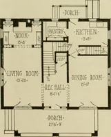 An illustration from Guaranteed building plans with interior views and details : a standard collection of new, original and artistic designs of cottages, bungalows, residences and flats of frame, brick, cement, plaster, concrete blocks, hollow tile, stucco, etc. and farm buildings of all descriptions together with interior and exterior details and interior views arranged and described by William A. Radford. (1915)