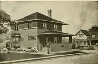 An illustration from Guaranteed building plans with interior views and details : a standard collection of new, original and artistic designs of cottages, bungalows, residences and flats of frame, brick, cement, plaster, concrete blocks, hollow tile, stucco, etc. and farm buildings of all descriptions together with interior and exterior details and interior views arranged and described by William A. Radford. (1915)