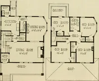 An illustration from Guaranteed building plans with interior views and details : a standard collection of new, original and artistic designs of cottages, bungalows, residences and flats of frame, brick, cement, plaster, concrete blocks, hollow tile, stucco, etc. and farm buildings of all descriptions together with interior and exterior details and interior views arranged and described by William A. Radford. (1915)