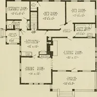 An illustration from Guaranteed building plans with interior views and details : a standard collection of new, original and artistic designs of cottages, bungalows, residences and flats of frame, brick, cement, plaster, concrete blocks, hollow tile, stucco, etc. and farm buildings of all descriptions together with interior and exterior details and interior views arranged and described by William A. Radford. (1915)