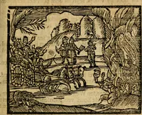 An illustration from Gulden-spiegel, ofte opwekkinge tot christelijke deugden : afgedeelt in twee deelen : waar in vertoond werd de schadelijkheyd der zonden, mitsgaders de goedigheyd en weldaaden Godts over den boetveerdigen, tot leeringe en stigtinge aller christenen toe-gepast : nog is hier by gevoegt Thamars ontschaking, of de verdoolde liefde van Ammon : als mede de vermaakelijke bruylofts-kroon : doorblogten met verscheyde leerzame gedigten, vermaakelijke bruylofts en aandagtige liedekens : voorgesteld op de vier geteyden van den dag (1763)