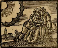An illustration from Gulden-spiegel, ofte opwekkinge tot christelijke deugden : afgedeelt in twee deelen : waar in vertoond werd de schadelijkheyd der zonden, mitsgaders de goedigheyd en weldaaden Godts over den boetveerdigen, tot leeringe en stigtinge aller christenen toe-gepast : nog is hier by gevoegt Thamars ontschaking, of de verdoolde liefde van Ammon : als mede de vermaakelijke bruylofts-kroon : doorblogten met verscheyde leerzame gedigten, vermaakelijke bruylofts en aandagtige liedekens : voorgesteld op de vier geteyden van den dag (1763)