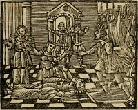 An illustration from Gulden-spiegel, ofte opwekkinge tot christelijke deugden : afgedeelt in twee deelen : waar in vertoond werd de schadelijkheyd der zonden, mitsgaders de goedigheyd en weldaaden Godts over den boetveerdigen, tot leeringe en stigtinge aller christenen toe-gepast : nog is hier by gevoegt Thamars ontschaking, of de verdoolde liefde van Ammon : als mede de vermaakelijke bruylofts-kroon : doorblogten met verscheyde leerzame gedigten, vermaakelijke bruylofts en aandagtige liedekens : voorgesteld op de vier geteyden van den dag (1763)
