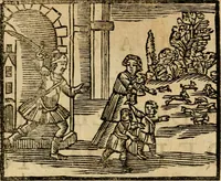 An illustration from Gulden-spiegel, ofte opwekkinge tot christelijke deugden : afgedeelt in twee deelen : waar in vertoond werd de schadelijkheyd der zonden, mitsgaders de goedigheyd en weldaaden Godts over den boetveerdigen, tot leeringe en stigtinge aller christenen toe-gepast : nog is hier by gevoegt Thamars ontschaking, of de verdoolde liefde van Ammon : als mede de vermaakelijke bruylofts-kroon : doorblogten met verscheyde leerzame gedigten, vermaakelijke bruylofts en aandagtige liedekens : voorgesteld op de vier geteyden van den dag (1763)
