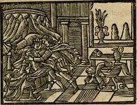 An illustration from Gulden-spiegel, ofte opwekkinge tot christelijke deugden : afgedeelt in twee deelen : waar in vertoond werd de schadelijkheyd der zonden, mitsgaders de goedigheyd en weldaaden Godts over den boetveerdigen, tot leeringe en stigtinge aller christenen toe-gepast : nog is hier by gevoegt Thamars ontschaking, of de verdoolde liefde van Ammon : als mede de vermaakelijke bruylofts-kroon : doorblogten met verscheyde leerzame gedigten, vermaakelijke bruylofts en aandagtige liedekens : voorgesteld op de vier geteyden van den dag (1763)