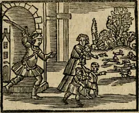 An illustration from Gulden-spiegel, ofte opwekkinge tot christelijke deugden : afgedeelt in twee deelen : waar in vertoond werd de schadelijkheyd der zonden, mitsgaders de goedigheyd en weldaaden Godts over den boetveerdigen, tot leeringe en stigtinge aller christenen toe-gepast : nog is hier by gevoegt Thamars ontschaking, of de verdoolde liefde van Ammon : als mede de vermaakelijke bruylofts-kroon : doorblogten met verscheyde leerzame gedigten, vermaakelijke bruylofts en aandagtige liedekens : voorgesteld op de vier geteyden van den dag (1763)