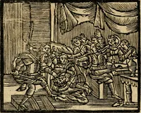 An illustration from Gulden-spiegel, ofte opwekkinge tot christelijke deugden : afgedeelt in twee deelen : waar in vertoond werd de schadelijkheyd der zonden, mitsgaders de goedigheyd en weldaaden Godts over den boetveerdigen, tot leeringe en stigtinge aller christenen toe-gepast : nog is hier by gevoegt Thamars ontschaking, of de verdoolde liefde van Ammon : als mede de vermaakelijke bruylofts-kroon : doorblogten met verscheyde leerzame gedigten, vermaakelijke bruylofts en aandagtige liedekens : voorgesteld op de vier geteyden van den dag (1763)