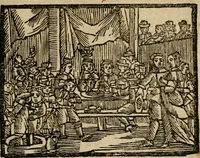 An illustration from Gulden-spiegel, ofte opwekkinge tot christelijke deugden : afgedeelt in twee deelen : waar in vertoond werd de schadelijkheyd der zonden, mitsgaders de goedigheyd en weldaaden Godts over den boetveerdigen, tot leeringe en stigtinge aller christenen toe-gepast : nog is hier by gevoegt Thamars ontschaking, of de verdoolde liefde van Ammon : als mede de vermaakelijke bruylofts-kroon : doorblogten met verscheyde leerzame gedigten, vermaakelijke bruylofts en aandagtige liedekens : voorgesteld op de vier geteyden van den dag (1763)