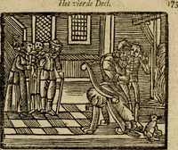An illustration from Gulden-spiegel, ofte opwekkinge tot christelijke deugden : afgedeelt in twee deelen : waar in vertoond werd de schadelijkheyd der zonden, mitsgaders de goedigheyd en weldaaden Godts over den boetveerdigen, tot leeringe en stigtinge aller christenen toe-gepast : nog is hier by gevoegt Thamars ontschaking, of de verdoolde liefde van Ammon : als mede de vermaakelijke bruylofts-kroon : doorblogten met verscheyde leerzame gedigten, vermaakelijke bruylofts en aandagtige liedekens : voorgesteld op de vier geteyden van den dag (1763)