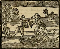 An illustration from Gulden-spiegel, ofte opwekkinge tot christelijke deugden : afgedeelt in twee deelen : waar in vertoond werd de schadelijkheyd der zonden, mitsgaders de goedigheyd en weldaaden Godts over den boetveerdigen, tot leeringe en stigtinge aller christenen toe-gepast : nog is hier by gevoegt Thamars ontschaking, of de verdoolde liefde van Ammon : als mede de vermaakelijke bruylofts-kroon : doorblogten met verscheyde leerzame gedigten, vermaakelijke bruylofts en aandagtige liedekens : voorgesteld op de vier geteyden van den dag (1763)