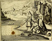 An illustration from Gulden-spiegel; ofte, Opweckinge tot christelijke deugden, afgebeeld in twee deelen ... Noch is hier by-gevoeght Thamars ontschaking; of, De verdoolde liefde van Ammon. Als mede de Vermaeckelijcke bruylofts-kroon ... gerijmt door Jacob Coenraeds Mayvogel (1699)