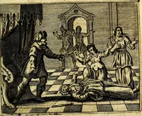 An illustration from Gulden-spiegel; ofte, Opweckinge tot christelijke deugden, afgebeeld in twee deelen ... Noch is hier by-gevoeght Thamars ontschaking; of, De verdoolde liefde van Ammon. Als mede de Vermaeckelijcke bruylofts-kroon ... gerijmt door Jacob Coenraeds Mayvogel (1699)