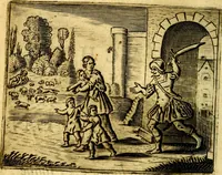 An illustration from Gulden-spiegel; ofte, Opweckinge tot christelijke deugden, afgebeeld in twee deelen ... Noch is hier by-gevoeght Thamars ontschaking; of, De verdoolde liefde van Ammon. Als mede de Vermaeckelijcke bruylofts-kroon ... gerijmt door Jacob Coenraeds Mayvogel (1699)