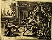 An illustration from Gulden-spiegel; ofte, Opweckinge tot christelijke deugden, afgebeeld in twee deelen ... Noch is hier by-gevoeght Thamars ontschaking; of, De verdoolde liefde van Ammon. Als mede de Vermaeckelijcke bruylofts-kroon ... gerijmt door Jacob Coenraeds Mayvogel (1699)