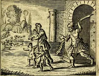 An illustration from Gulden-spiegel; ofte, Opweckinge tot christelijke deugden, afgebeeld in twee deelen ... Noch is hier by-gevoeght Thamars ontschaking; of, De verdoolde liefde van Ammon. Als mede de Vermaeckelijcke bruylofts-kroon ... gerijmt door Jacob Coenraeds Mayvogel (1699)
