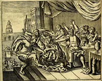An illustration from Gulden-spiegel; ofte, Opweckinge tot christelijke deugden, afgebeeld in twee deelen ... Noch is hier by-gevoeght Thamars ontschaking; of, De verdoolde liefde van Ammon. Als mede de Vermaeckelijcke bruylofts-kroon ... gerijmt door Jacob Coenraeds Mayvogel (1699)