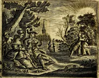 An illustration from Gulden-spiegel; ofte, Opweckinge tot christelijke deugden, afgebeeld in twee deelen ... Noch is hier by-gevoeght Thamars ontschaking; of, De verdoolde liefde van Ammon. Als mede de Vermaeckelijcke bruylofts-kroon ... gerijmt door Jacob Coenraeds Mayvogel (1699)