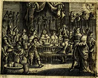 An illustration from Gulden-spiegel; ofte, Opweckinge tot christelijke deugden, afgebeeld in twee deelen ... Noch is hier by-gevoeght Thamars ontschaking; of, De verdoolde liefde van Ammon. Als mede de Vermaeckelijcke bruylofts-kroon ... gerijmt door Jacob Coenraeds Mayvogel (1699)