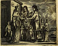 An illustration from Gulden-spiegel; ofte, Opweckinge tot christelijke deugden, afgebeeld in twee deelen ... Noch is hier by-gevoeght Thamars ontschaking; of, De verdoolde liefde van Ammon. Als mede de Vermaeckelijcke bruylofts-kroon ... gerijmt door Jacob Coenraeds Mayvogel (1699)