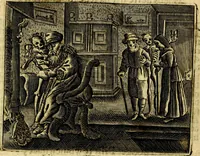 An illustration from Gulden-spiegel; ofte, Opweckinge tot christelijke deugden, afgebeeld in twee deelen ... Noch is hier by-gevoeght Thamars ontschaking; of, De verdoolde liefde van Ammon. Als mede de Vermaeckelijcke bruylofts-kroon ... gerijmt door Jacob Coenraeds Mayvogel (1699)