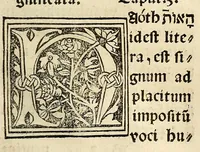 An illustration from Habes hoc in libro ca[n]dide lector Hebraicas institutiones. : in quib[us] quicquid est gra[m]matices hebraicæ facultatis edocetur ad amussim, de literis, punctis, acce[n]tibus, nomine, [et] nominum speciebus, de pronominibus, [et] eoru[mque] cu[m] nominibus, [et] verbis coniu[n]ctione, de verbo [et] verboru[m] co[n]iugationibus, [et] distinctione, in perfecta, quiescentia, defectiua, geminata, de partibus indeclinabilibus, præpositionibus, co[n]iu[n]ctio[n]ibus, aduerbijs, de regulis expone[n]di arcanas literas [et] de figuris, vt paucissima sint desidera[n]da, quas nuper ædidit reuere[n]dus sacræ theolo. do. Sanctes Pagninus .. (1526)