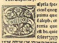 An illustration from Habes hoc in libro ca[n]dide lector Hebraicas institutiones. : in quib[us] quicquid est gra[m]matices hebraicæ facultatis edocetur ad amussim, de literis, punctis, acce[n]tibus, nomine, [et] nominum speciebus, de pronominibus, [et] eoru[mque] cu[m] nominibus, [et] verbis coniu[n]ctione, de verbo [et] verboru[m] co[n]iugationibus, [et] distinctione, in perfecta, quiescentia, defectiua, geminata, de partibus indeclinabilibus, præpositionibus, co[n]iu[n]ctio[n]ibus, aduerbijs, de regulis expone[n]di arcanas literas [et] de figuris, vt paucissima sint desidera[n]da, quas nuper ædidit reuere[n]dus sacræ theolo. do. Sanctes Pagninus .. (1526)