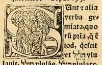 An illustration from Habes hoc in libro ca[n]dide lector Hebraicas institutiones. : in quib[us] quicquid est gra[m]matices hebraicæ facultatis edocetur ad amussim, de literis, punctis, acce[n]tibus, nomine, [et] nominum speciebus, de pronominibus, [et] eoru[mque] cu[m] nominibus, [et] verbis coniu[n]ctione, de verbo [et] verboru[m] co[n]iugationibus, [et] distinctione, in perfecta, quiescentia, defectiua, geminata, de partibus indeclinabilibus, præpositionibus, co[n]iu[n]ctio[n]ibus, aduerbijs, de regulis expone[n]di arcanas literas [et] de figuris, vt paucissima sint desidera[n]da, quas nuper ædidit reuere[n]dus sacræ theolo. do. Sanctes Pagninus .. (1526)