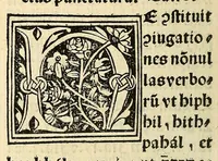 An illustration from Habes hoc in libro ca[n]dide lector Hebraicas institutiones. : in quib[us] quicquid est gra[m]matices hebraicæ facultatis edocetur ad amussim, de literis, punctis, acce[n]tibus, nomine, [et] nominum speciebus, de pronominibus, [et] eoru[mque] cu[m] nominibus, [et] verbis coniu[n]ctione, de verbo [et] verboru[m] co[n]iugationibus, [et] distinctione, in perfecta, quiescentia, defectiua, geminata, de partibus indeclinabilibus, præpositionibus, co[n]iu[n]ctio[n]ibus, aduerbijs, de regulis expone[n]di arcanas literas [et] de figuris, vt paucissima sint desidera[n]da, quas nuper ædidit reuere[n]dus sacræ theolo. do. Sanctes Pagninus .. (1526)