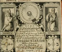 An illustration from Hadriani à Mynsicht aliàs Tribudenii ... Thesaurus et armamentarium medico-chymicum : hoc est, selectissimorum, contra quosvis morbos, pharmacorum conficiendorum secretissima ratio ... : cui in fine adjunctum est Testamentum Hadrianeum de aureo philosophorum lapide ... (1638)