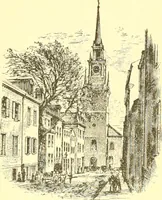 An illustration from A half century of Boston's building. The construction of buildings, the enactment of building laws and ordinances, sanitary laws, the ancient and modern building, building statistics, Boston's valuation, a chapter of Boston's big fire, fire losses, public lands account, prominent architects, contractors and builders, building materials and their source of supply inspection of buildings, the building and plumbing associations (1895)