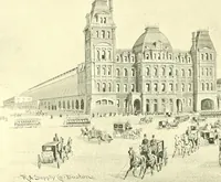 An illustration from A half century of Boston's building. The construction of buildings, the enactment of building laws and ordinances, sanitary laws, the ancient and modern building, building statistics, Boston's valuation, a chapter of Boston's big fire, fire losses, public lands account, prominent architects, contractors and builders, building materials and their source of supply inspection of buildings, the building and plumbing associations (1895)
