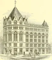 An illustration from A half century of Boston's building. The construction of buildings, the enactment of building laws and ordinances, sanitary laws, the ancient and modern building, building statistics, Boston's valuation, a chapter of Boston's big fire, fire losses, public lands account, prominent architects, contractors and builders, building materials and their source of supply inspection of buildings, the building and plumbing associations (1895)