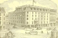 An illustration from A half century of Boston's building. The construction of buildings, the enactment of building laws and ordinances, sanitary laws, the ancient and modern building, building statistics, Boston's valuation, a chapter of Boston's big fire, fire losses, public lands account, prominent architects, contractors and builders, building materials and their source of supply inspection of buildings, the building and plumbing associations (1895)