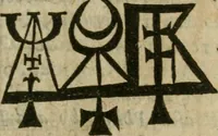 An illustration from The harmony of the world : being a discourse of God, heaven, angels, stars, planets, earth, the miraculous descentions and ascentions of spirits : with the nature and harmony of mans body, the art of preparing Rosie Crucian medicines to cure all diseases : their rules to raise bodies decayed, which are verified by a practical examination of principles in the great world : whereunto is added, the state of the New Jerusalem, grounded upon the knowledge of nature, light of reason, phylosophy and divinity : all fitted to the understanding, use and profit of wisdomes children, and communicated to the sons of art (1662)