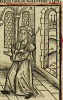 An illustration from Hec est noua queda[m] singular[is] at[que] rara legenda ed alijs sex lege[n]dis collecta et perfecta tractans de origine, et vite, ordine, de conuersione, ac magistrali disputatione, ast de passione, morte, [&] miraculis generose regine, necnon gloriose virginis et martiris sancte Katherine, ciuis quo[que] olim erat vrbis Alexandrine (1500)