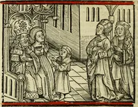 An illustration from Hec est noua queda[m] singular[is] at[que] rara legenda ed alijs sex lege[n]dis collecta et perfecta tractans de origine, et vite, ordine, de conuersione, ac magistrali disputatione, ast de passione, morte, [&] miraculis generose regine, necnon gloriose virginis et martiris sancte Katherine, ciuis quo[que] olim erat vrbis Alexandrine (1500)