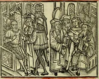 An illustration from Hec est noua queda[m] singular[is] at[que] rara legenda ed alijs sex lege[n]dis collecta et perfecta tractans de origine, et vite, ordine, de conuersione, ac magistrali disputatione, ast de passione, morte, [&] miraculis generose regine, necnon gloriose virginis et martiris sancte Katherine, ciuis quo[que] olim erat vrbis Alexandrine (1500)