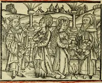 An illustration from Hec est noua queda[m] singular[is] at[que] rara legenda ed alijs sex lege[n]dis collecta et perfecta tractans de origine, et vite, ordine, de conuersione, ac magistrali disputatione, ast de passione, morte, [&] miraculis generose regine, necnon gloriose virginis et martiris sancte Katherine, ciuis quo[que] olim erat vrbis Alexandrine (1500)