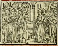 An illustration from Hec est noua queda[m] singular[is] at[que] rara legenda ed alijs sex lege[n]dis collecta et perfecta tractans de origine, et vite, ordine, de conuersione, ac magistrali disputatione, ast de passione, morte, [&] miraculis generose regine, necnon gloriose virginis et martiris sancte Katherine, ciuis quo[que] olim erat vrbis Alexandrine (1500)