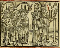 An illustration from Hec est noua queda[m] singular[is] at[que] rara legenda ed alijs sex lege[n]dis collecta et perfecta tractans de origine, et vite, ordine, de conuersione, ac magistrali disputatione, ast de passione, morte, [&] miraculis generose regine, necnon gloriose virginis et martiris sancte Katherine, ciuis quo[que] olim erat vrbis Alexandrine (1500)