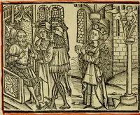An illustration from Hec est noua queda[m] singular[is] at[que] rara legenda ed alijs sex lege[n]dis collecta et perfecta tractans de origine, et vite, ordine, de conuersione, ac magistrali disputatione, ast de passione, morte, [&] miraculis generose regine, necnon gloriose virginis et martiris sancte Katherine, ciuis quo[que] olim erat vrbis Alexandrine (1500)