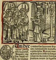 An illustration from Hec est noua queda[m] singular[is] at[que] rara legenda ed alijs sex lege[n]dis collecta et perfecta tractans de origine, et vite, ordine, de conuersione, ac magistrali disputatione, ast de passione, morte, [&] miraculis generose regine, necnon gloriose virginis et martiris sancte Katherine, ciuis quo[que] olim erat vrbis Alexandrine (1500)