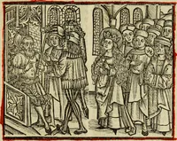 An illustration from Hec est noua queda[m] singular[is] at[que] rara legenda ed alijs sex lege[n]dis collecta et perfecta tractans de origine, et vite, ordine, de conuersione, ac magistrali disputatione, ast de passione, morte, [&] miraculis generose regine, necnon gloriose virginis et martiris sancte Katherine, ciuis quo[que] olim erat vrbis Alexandrine (1500)